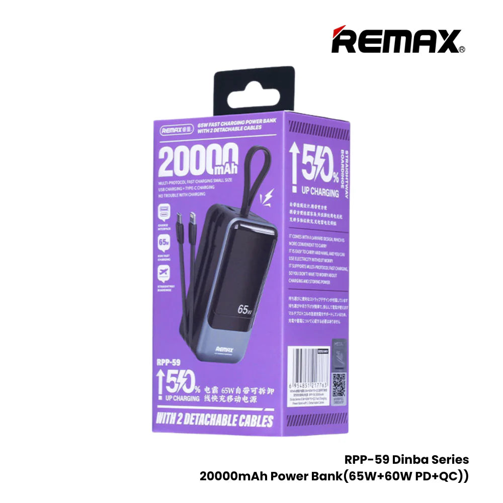 Power Bank REMAX 20000mAh 65W avec Câbles Integrés