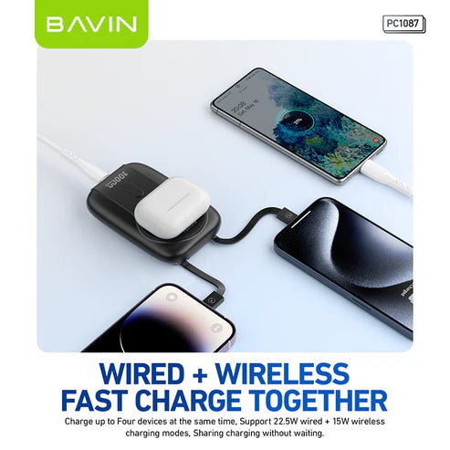 BAVIN Power Bank MagSafe 22.5W 10000mAh avec Câbles Type-C + Lightning