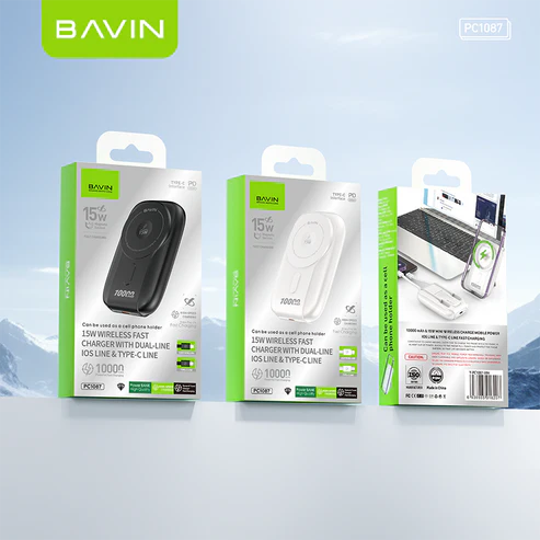 BAVIN Power Bank MagSafe 22.5W 10000mAh avec Câbles Type-C + Lightning