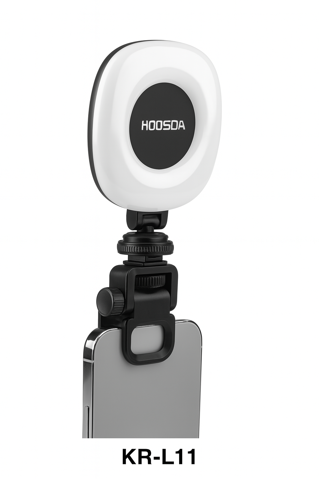 Lumière selfie KOOSDA KR-L11 posée sur un smartphone – Éclairage LED rotatif pour vidéos et photos