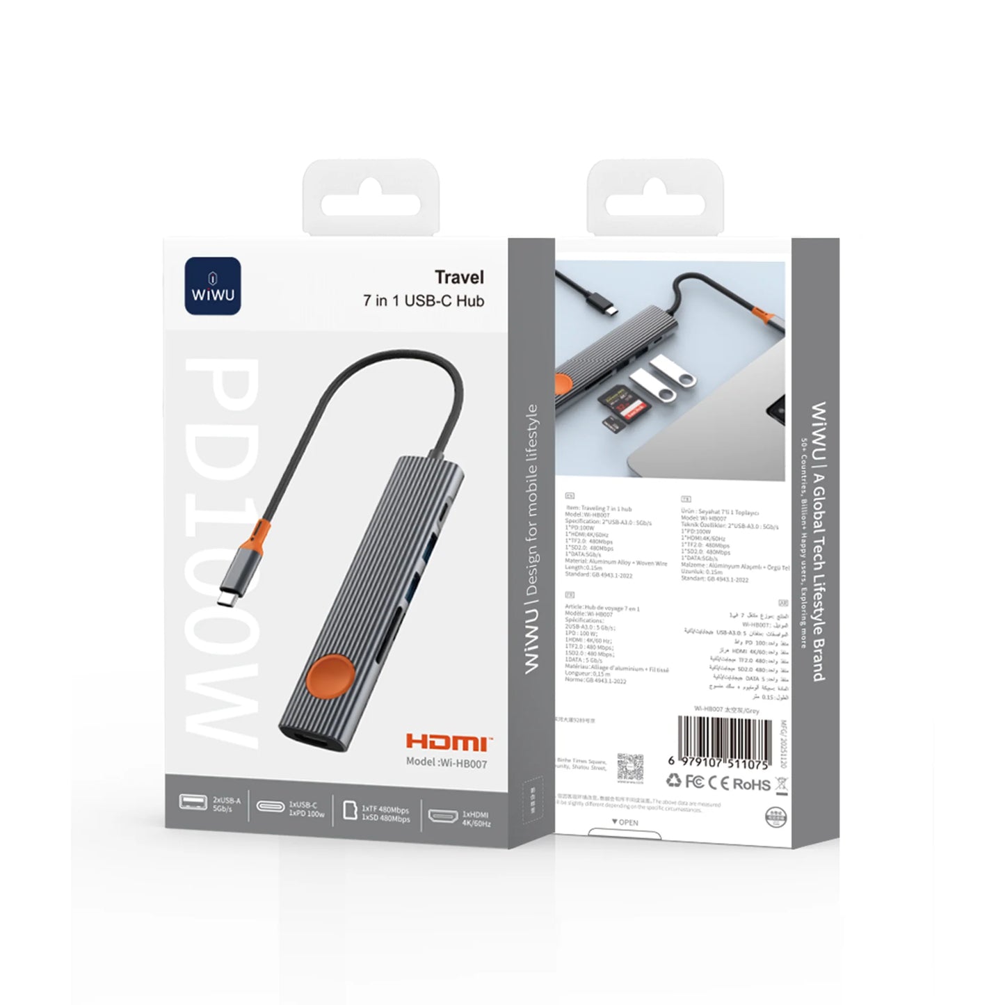 WIWU Travel 7in1 USB-C Hub Wi-HB007 - Station d'accueil 4K HDMI, Recharge PD 100W et Lecteur de Cartes