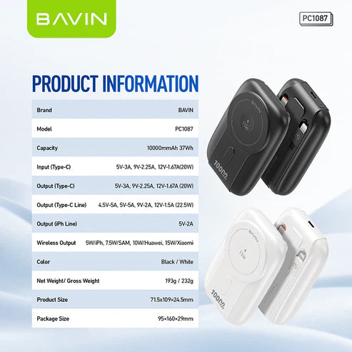 BAVIN Power Bank MagSafe 22.5W 10000mAh avec Câbles Type-C + Lightning