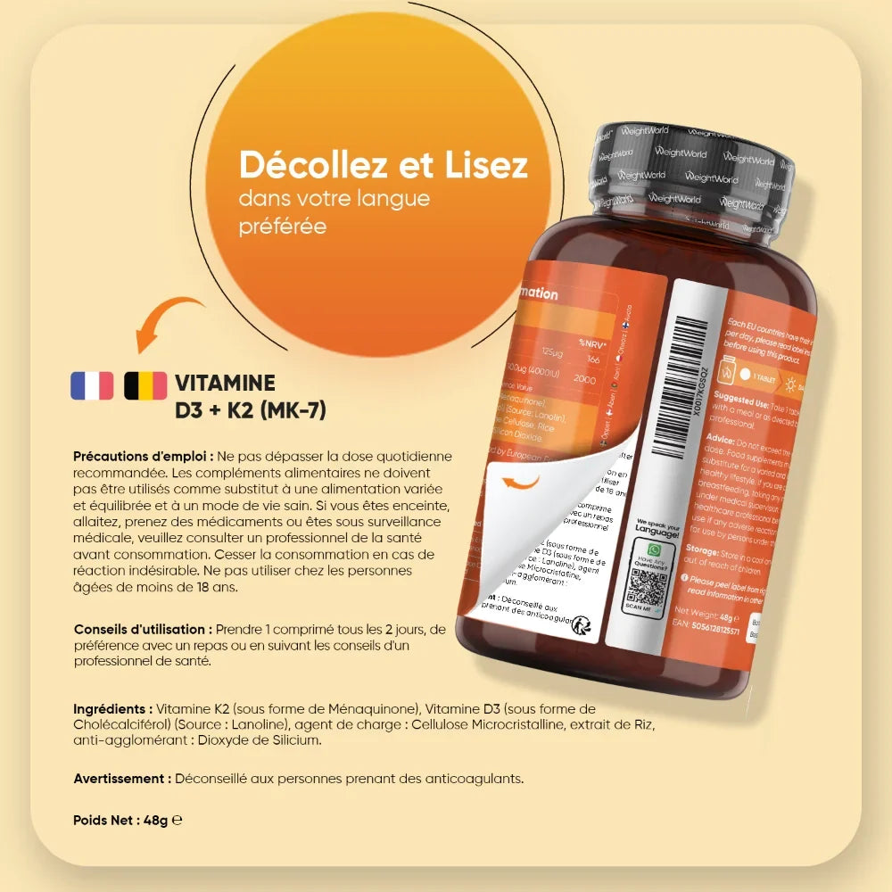 Vitamine D3 et K2 en comprimés