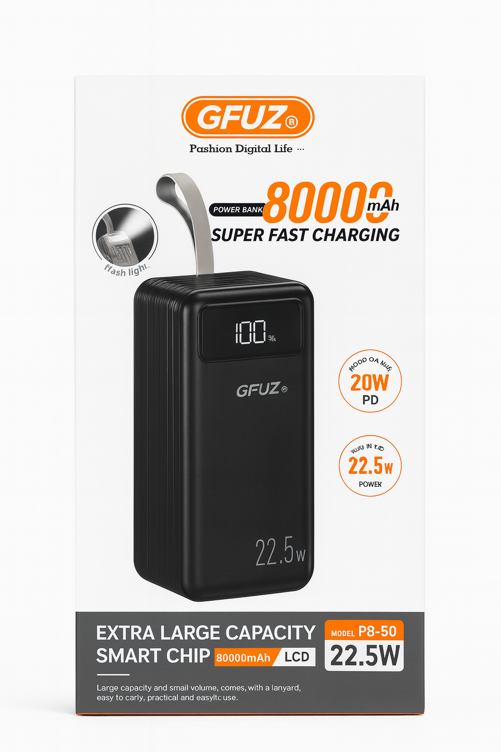 Power bank haute capacité GFUZ avec charge rapide et câbles intégrés