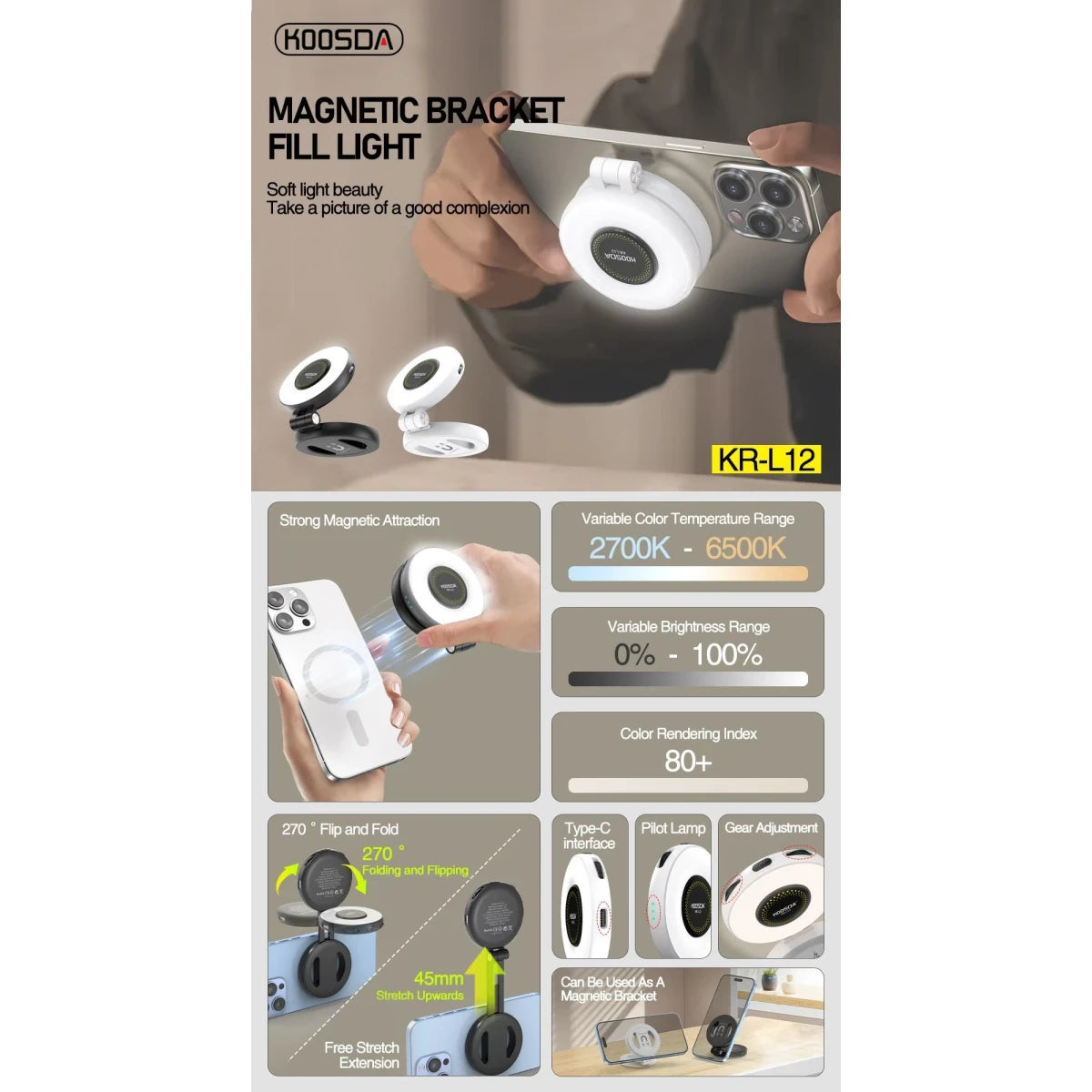 KOOSDA KR-L12 Magnetic Selfie Light Portable USB Rechargeable Adjustable Brightness Magnetic fill Pocket Light