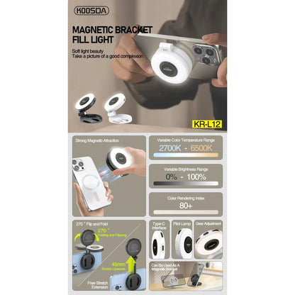 KOOSDA KR-L12 Magnetic Selfie Light Portable USB Rechargeable Adjustable Brightness Magnetic fill Pocket Light