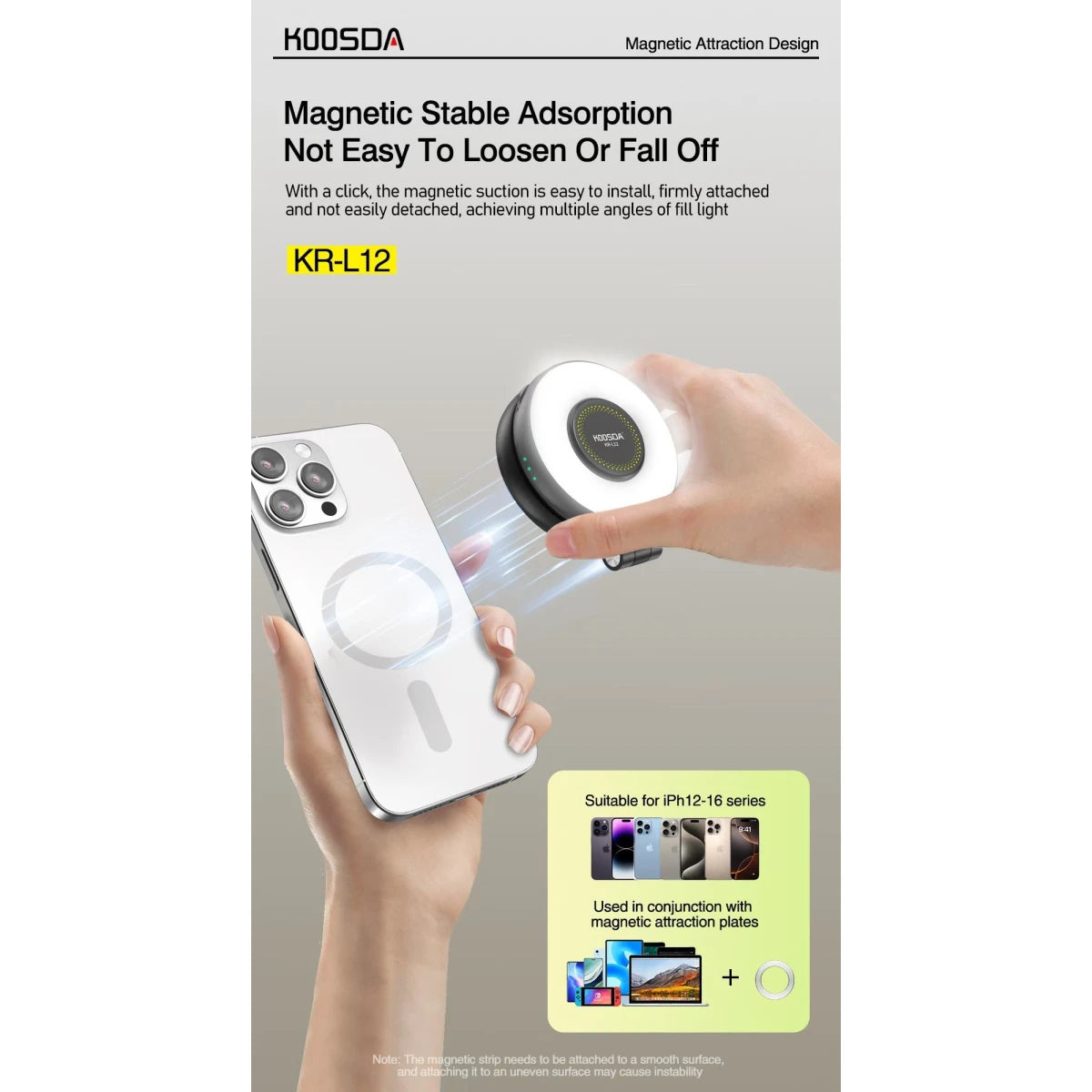 KOOSDA KR-L12 Magnetic Selfie Light Portable USB Rechargeable Adjustable Brightness Magnetic fill Pocket Light