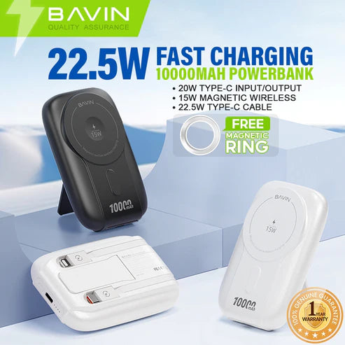 BAVIN Power Bank MagSafe 22.5W 10000mAh avec Câbles Type-C + Lightning